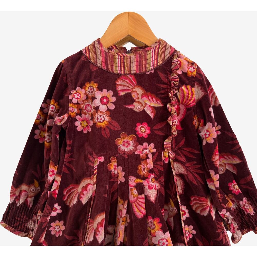 Oilily Girls Velvet Dress Bird Floral Print Pleated Whimsical Boho Vintage - Picture 2 of 6
